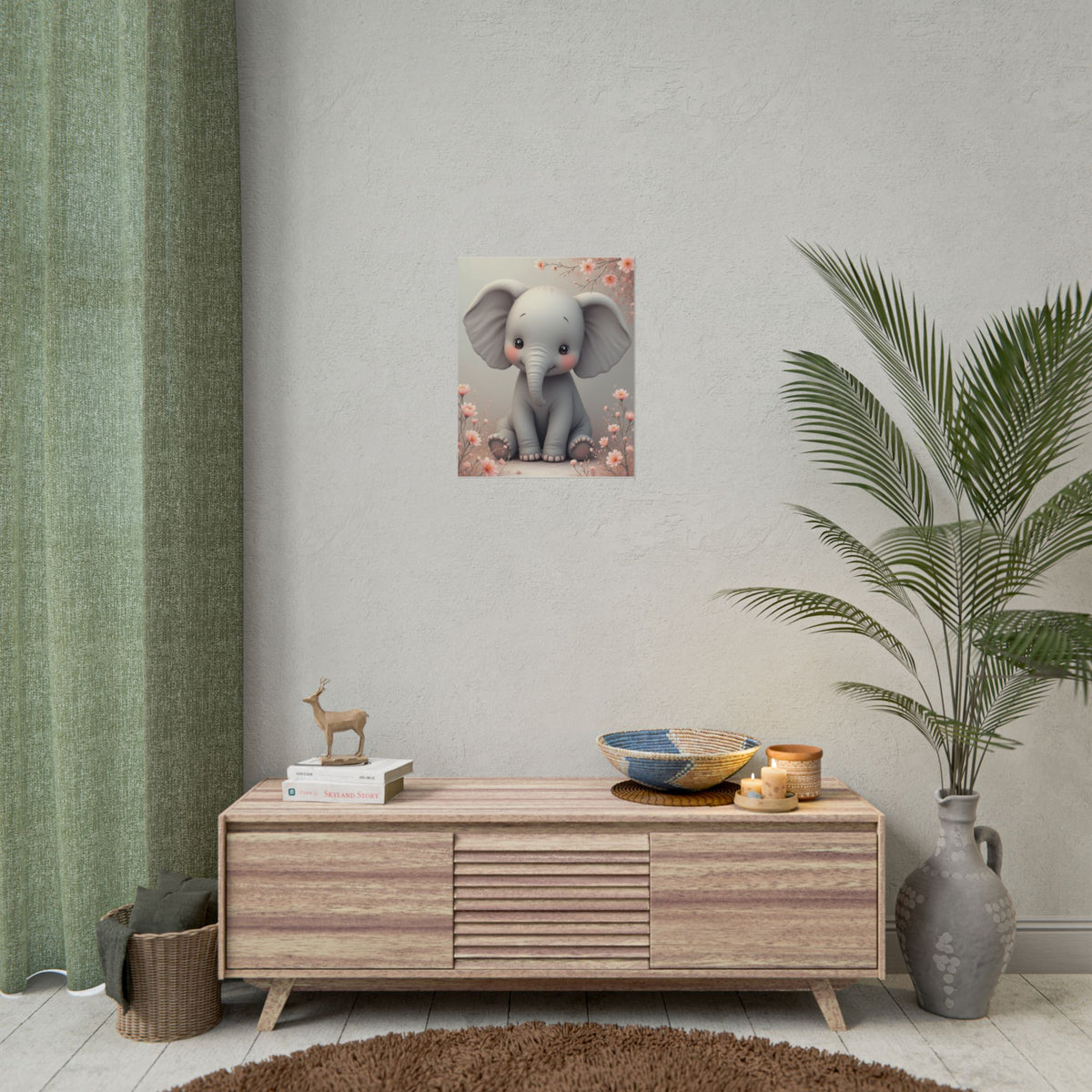 Baby Elephant Nursery Poster - Cute Floral Rolled Wall Art