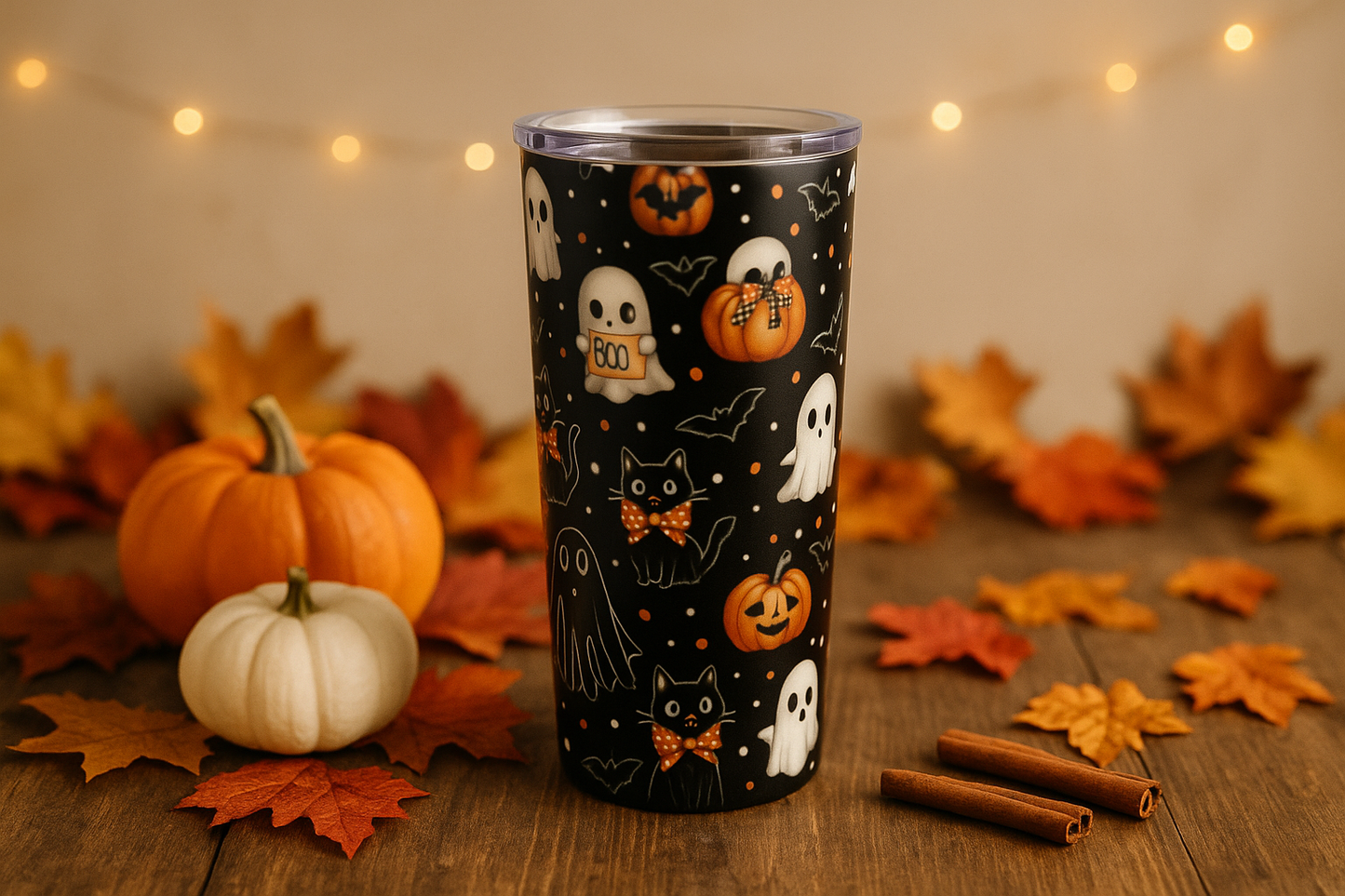 Halloween Tumbler 20oz - Spooky Drinkware, Gift for Ghost Lovers, Fall Decor, Trick-or-Treat Accessory, Cute Cat and Ghost Design