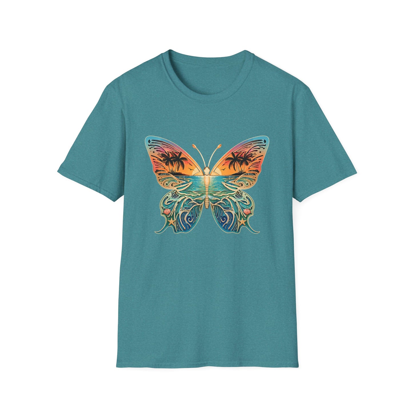 Beach Sunset Butterfly Design, Tropical Ocean Butterfly, Palm Tree Butterfly Art, Coastal Aesthetic Design, Summer Vibes Graphic, Ocean Lover Gift