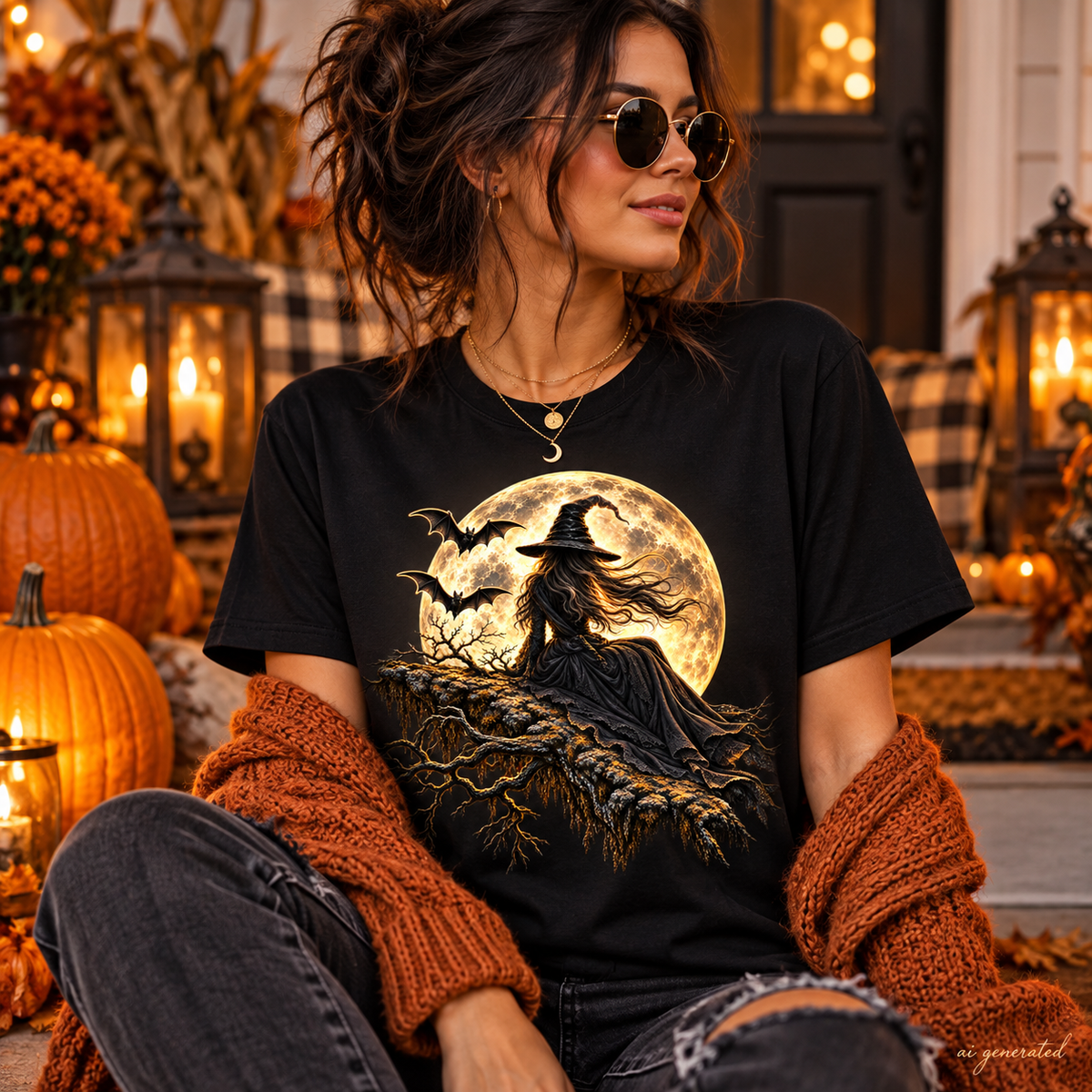Moonlit Witch gothic Halloween T-shirt, AI-generated mockup