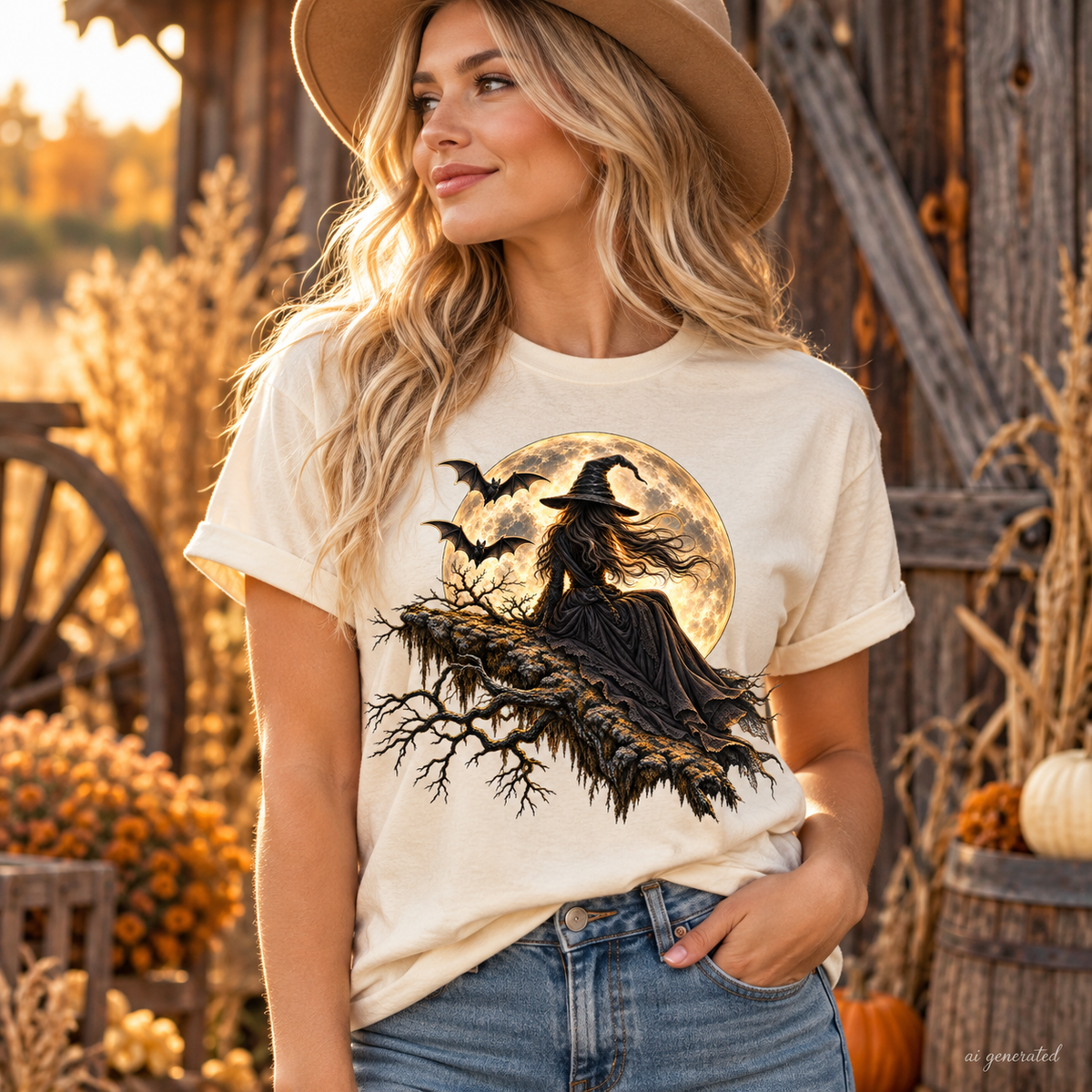 Moonlit Witch gothic Halloween T-shirt, AI-generated mockup