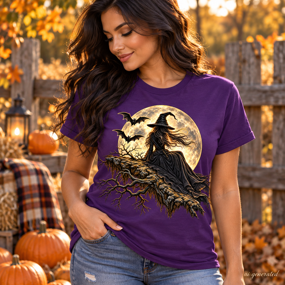 Moonlit Witch gothic Halloween T-shirt, AI-generated mockup