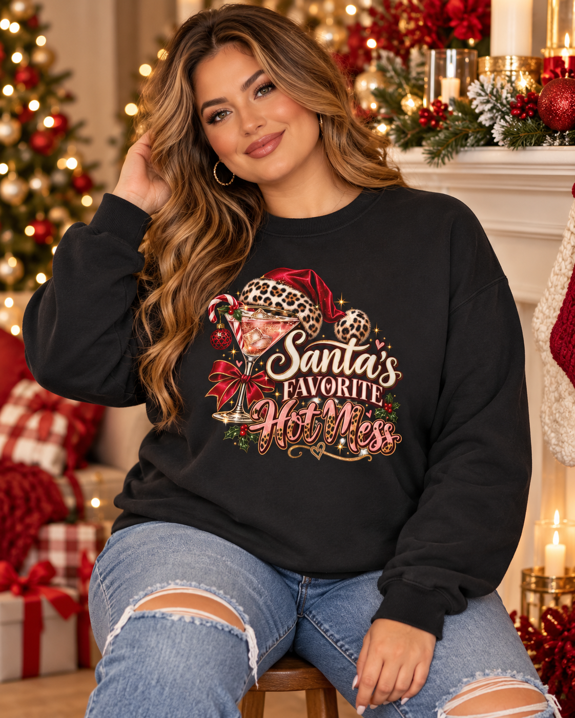 Santa’s Favorite Hot Mess Christmas Sweatshirt | Leopard Holiday Crewneck