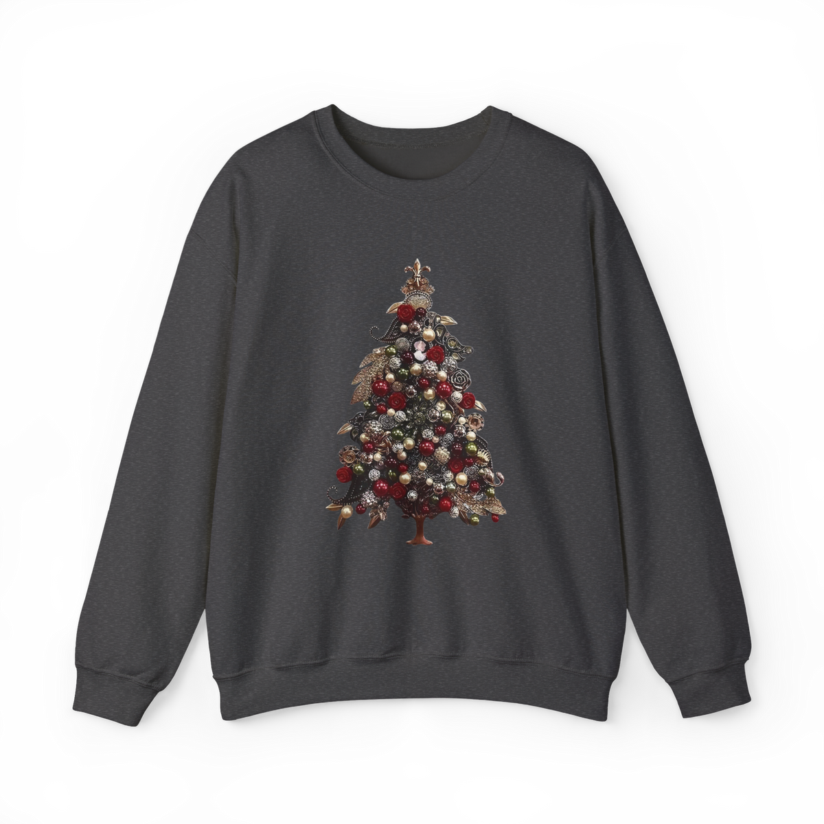 Ornament Christmas tree crewneck sweatshirt in dark heather, front view