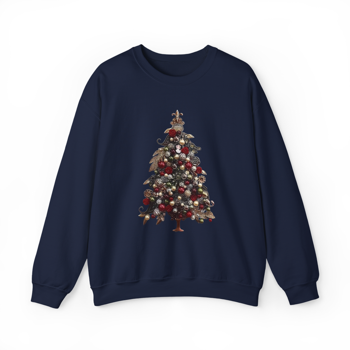 Ornament Christmas tree crewneck sweatshirt in navy, front view
