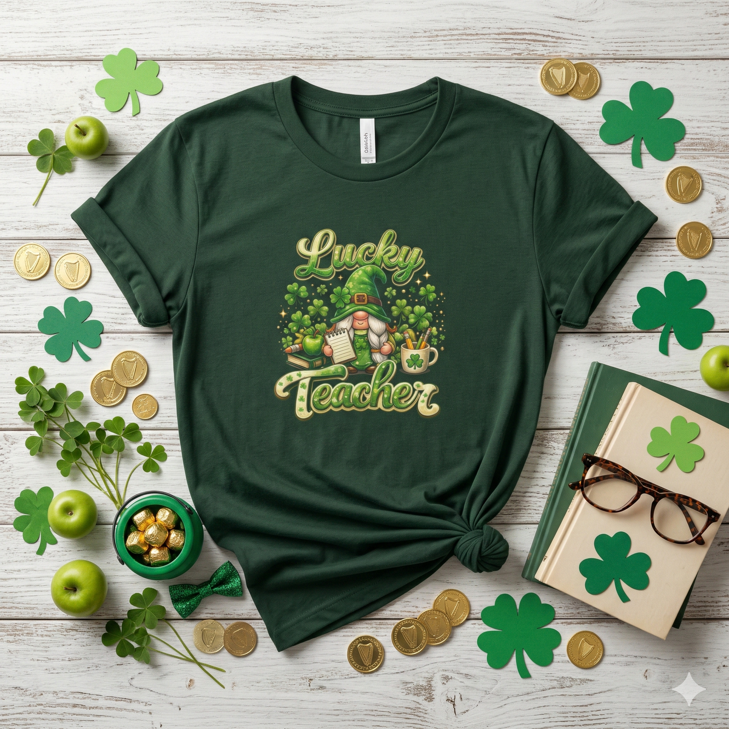 Lucky Teacher St. Patrick's Day T-Shirt — Cute Gnome & Shamrock Classroom Gift