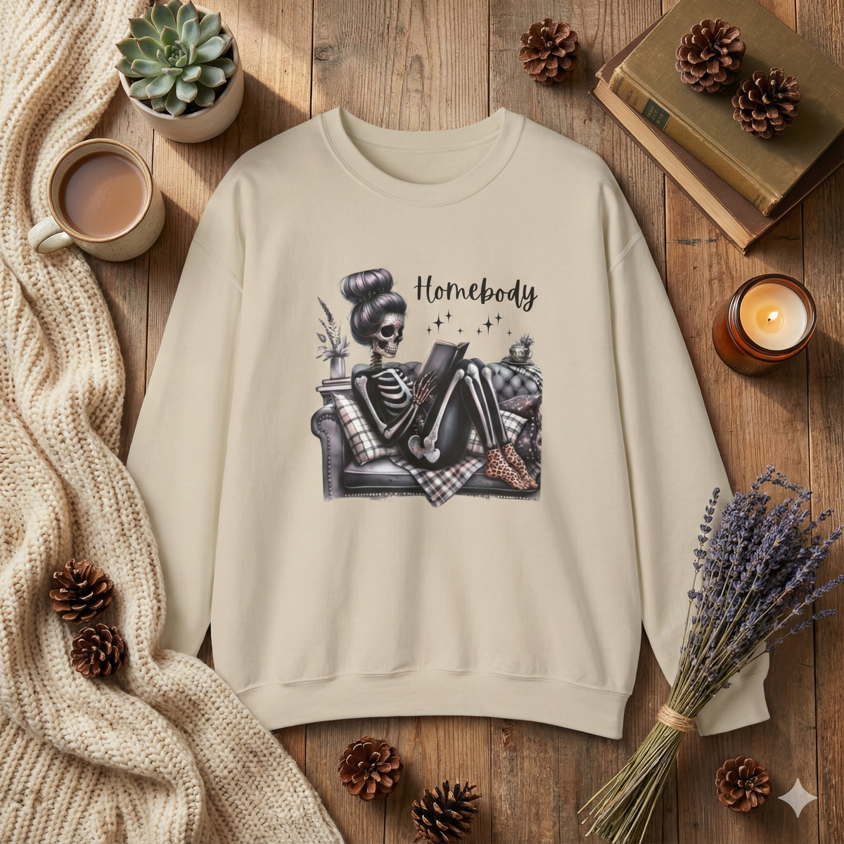 Homebody skeleton crewneck sweatshirt, AI-generated mockup