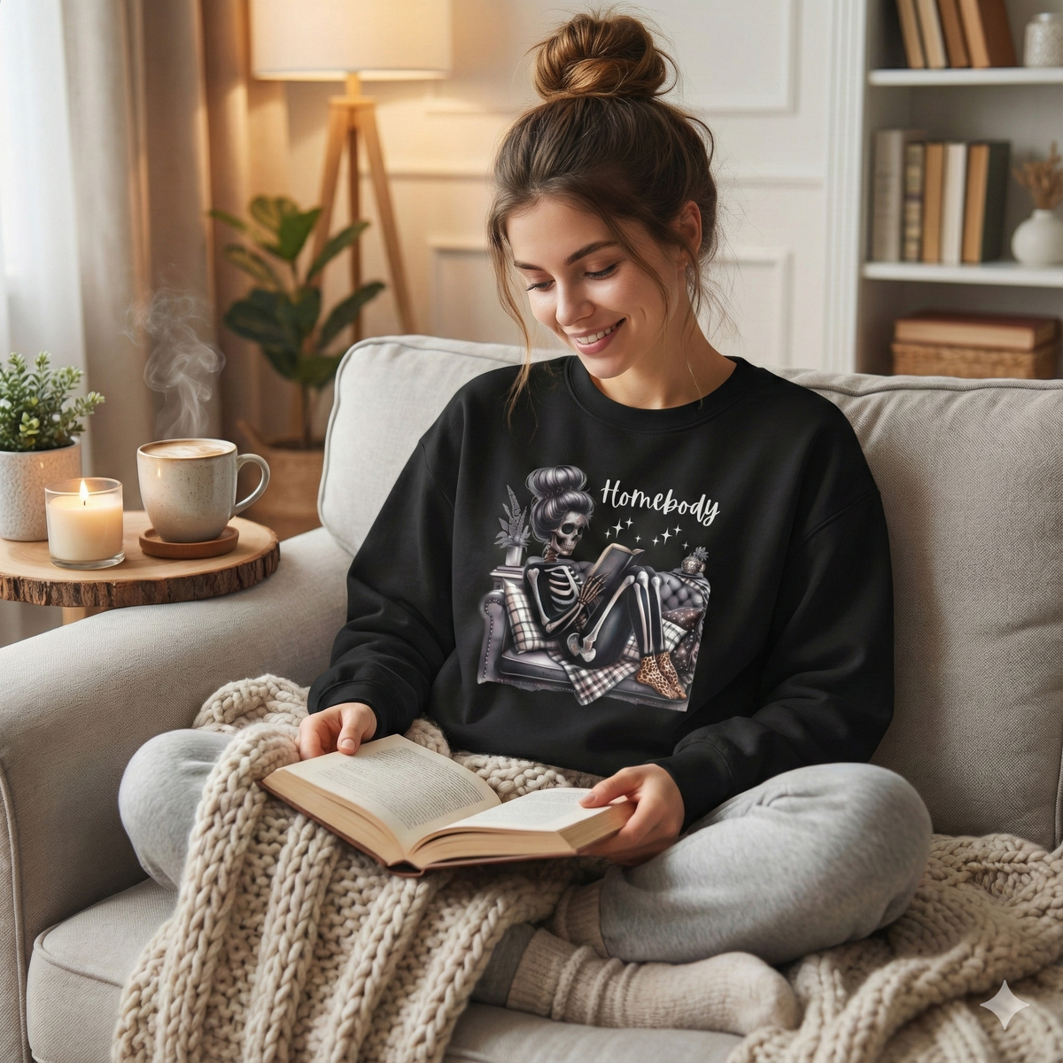 Homebody skeleton crewneck sweatshirt, AI-generated mockup