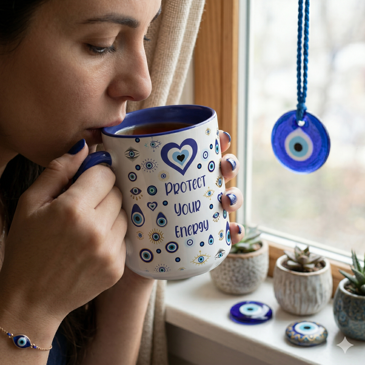 Protect Your Energy Evil Eye Mug, AI-generated mockup