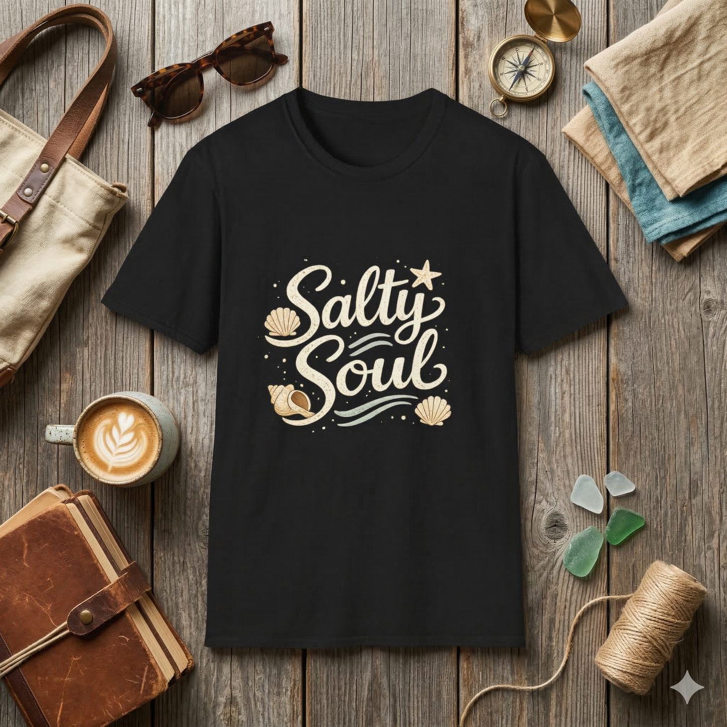 Salty Soul Beach T-Shirt – Coastal Graphic Tee with Seashells – Ocean Lover Shirt – Beach Life Shirt – Summer Vacation Tee