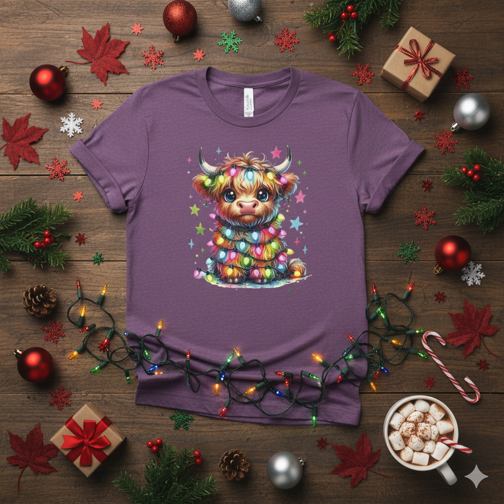 Whimsical Cow Christmas T-Shirt Cute Highland Cow Christmas Lights T-Shirt | Adorable Holiday Cow Tee | Cozy Farm Animal Christmas Gift | Festive Cow Lover Shirt