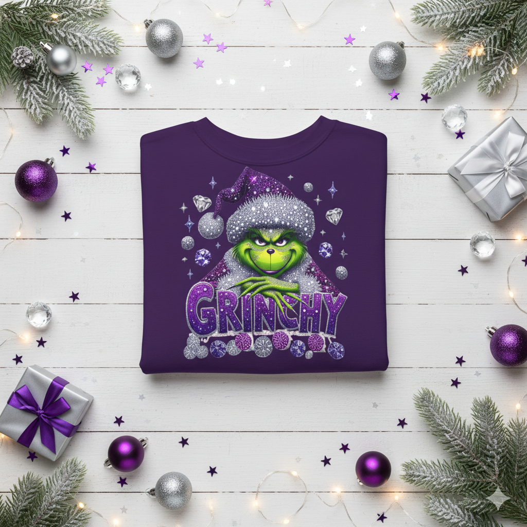 Grinchy Holiday Crewneck Sweatshirt — Sparkling Purple Grinch Design