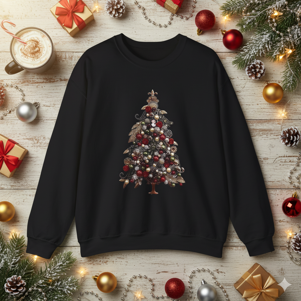 Ornament Christmas tree crewneck sweatshirt, AI-generated mockup