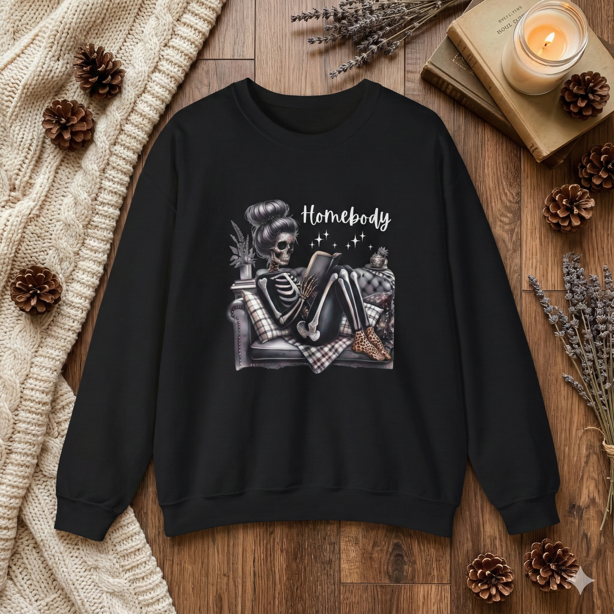 Homebody skeleton crewneck sweatshirt, AI-generated mockup