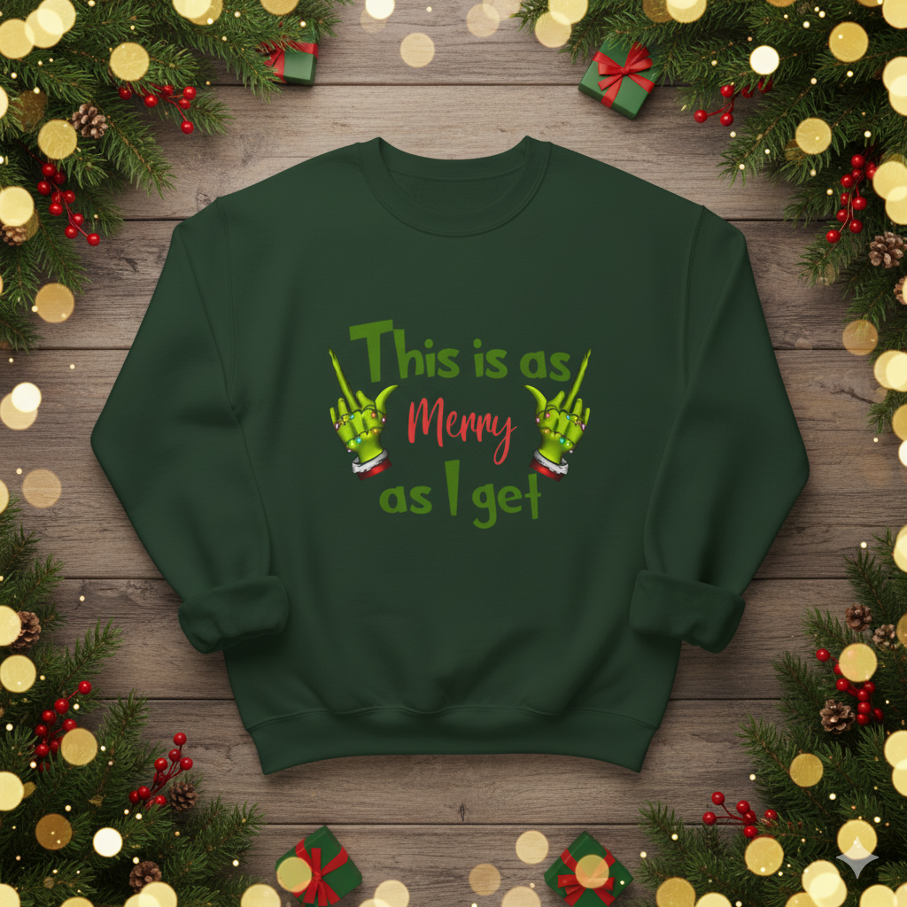 “This Is As Merry As I Get” Funny Christmas Sweatshirt | Grinch Hand Holiday Crewneck | Sarcastic Xmas Graphic Pullover