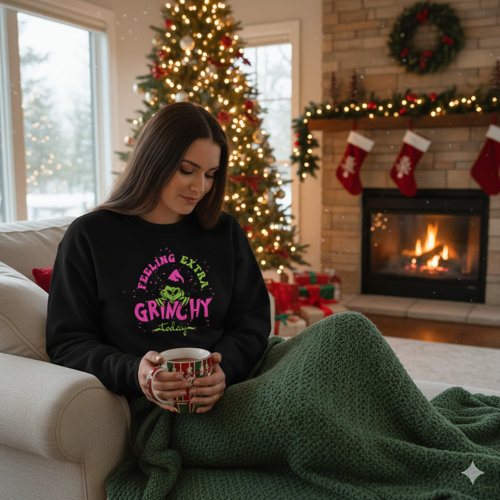 Feeling Extra Grinchy Today Christmas Sweatshirt | Funny Holiday Crewneck | Cozy Winter Graphic Sweatshirt for Women & Men
