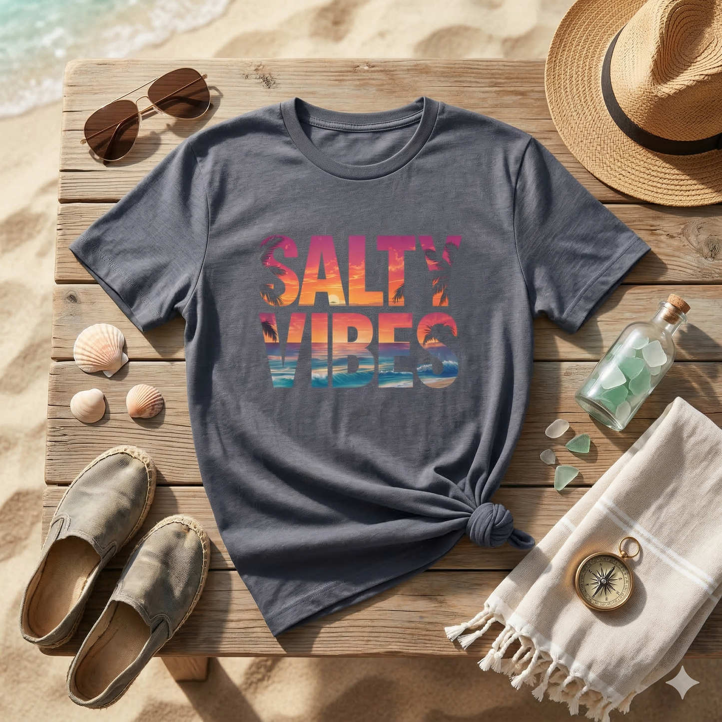 Salty Vibes Shirt, Beach Sunset Graphic Tee, Summer Aesthetic Shirt, Ocean Lover Gift, Coastal Vibe T-Shirt, Trendy Vacation Tee