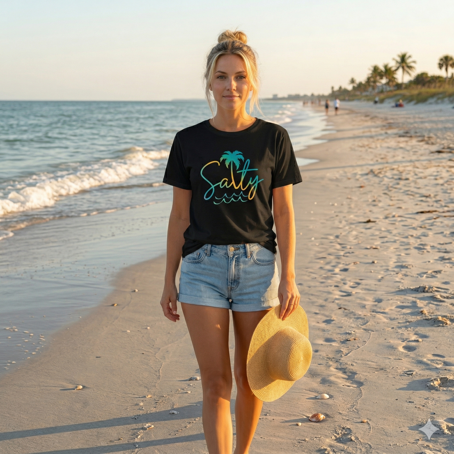 Salty Palm Beach T-Shirt — Tropical Script Tee with Palm Tree & Waves