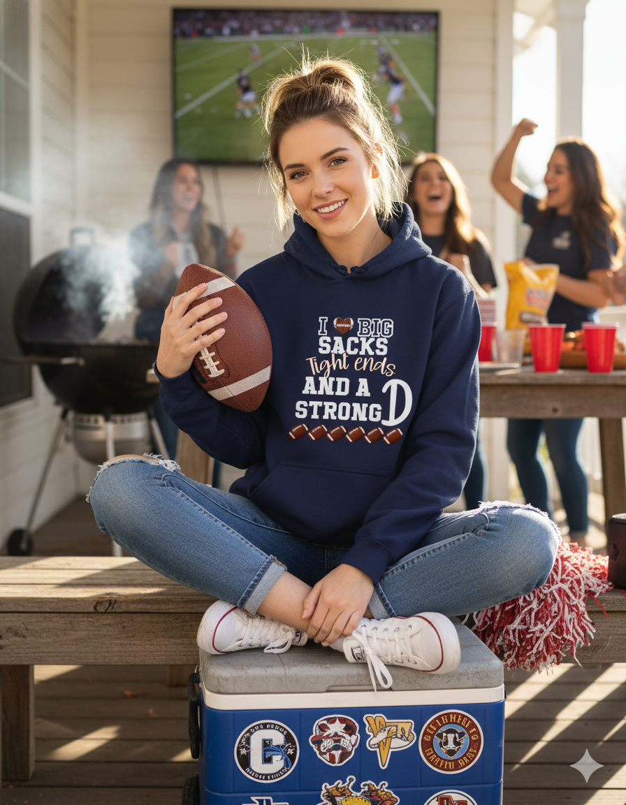 Big Sacks Tight Ends Strong D football hoodie, AI-generated mockup