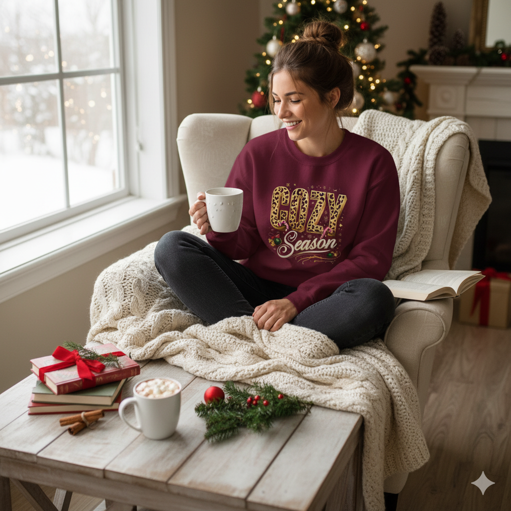 Cozy Season leopard holiday sweatshirt, AI-generated mockup