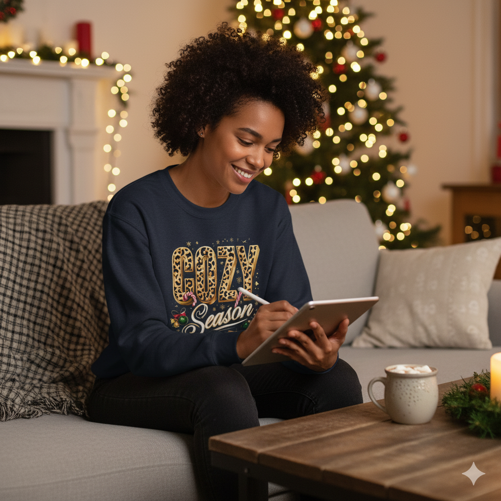 Cozy Season leopard holiday sweatshirt, AI-generated mockup