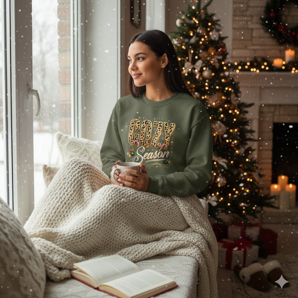 Cozy Season leopard holiday sweatshirt, AI-generated mockup