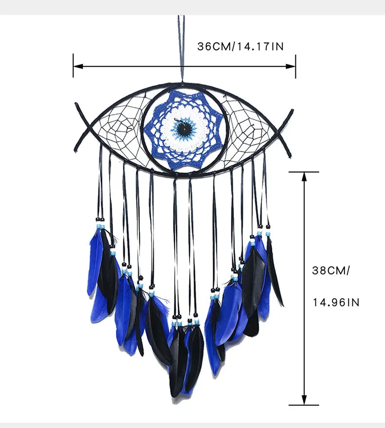 Evil eye dream catcher with blue feathers, product photo