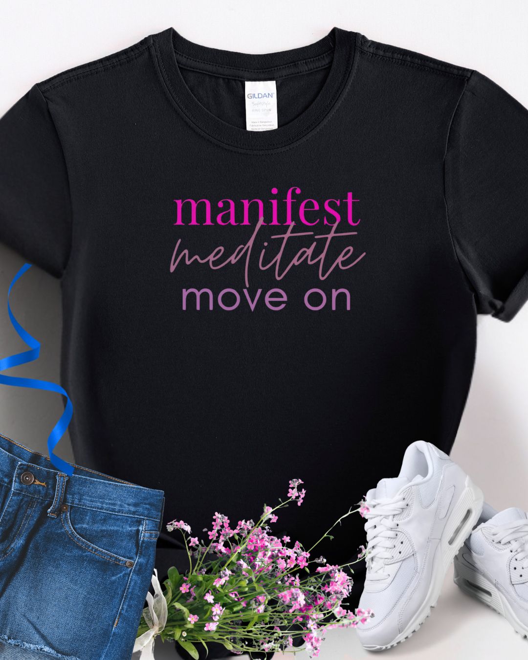 Manifest Meditate Move On Women's Softstyle Tee, Mindfulness Shirt, Gift for Her, Spiritual Apparel, Relaxed Fit Top, Meditation Wear