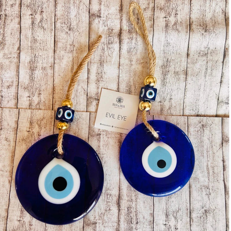 Glass blue evil eye wall hanging, product photo