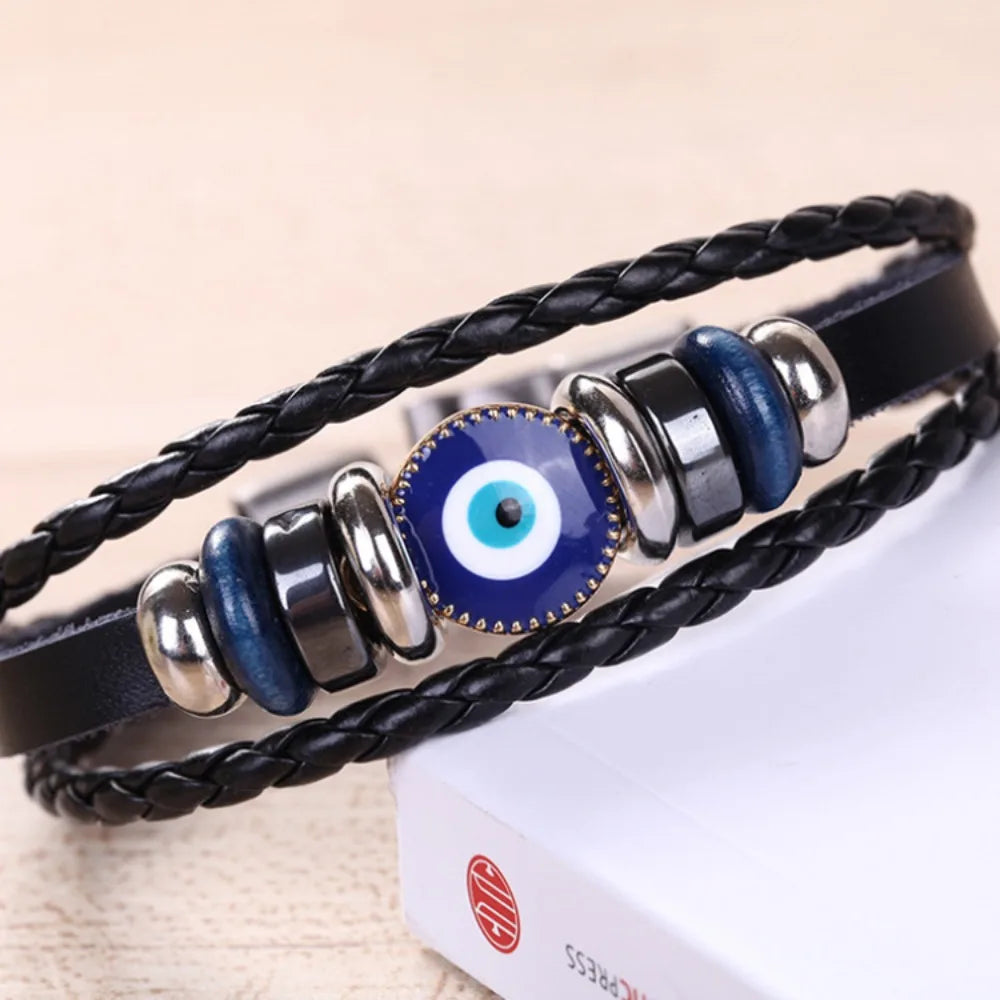 Evil eye multi-layer braided leather bracelet, product photo