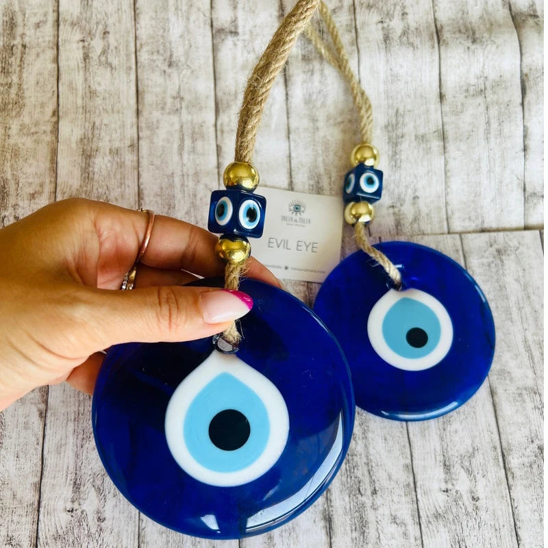 Glass blue evil eye wall hanging, product photo
