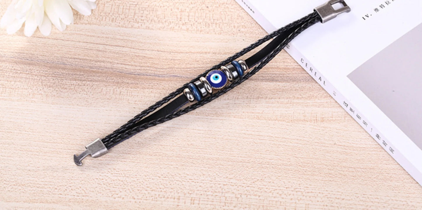 Evil Eye Bracelet Vintage Multi Layer Leather Braided Bracelet Blue Eye Alloy Split Buckle Men's Bracelet