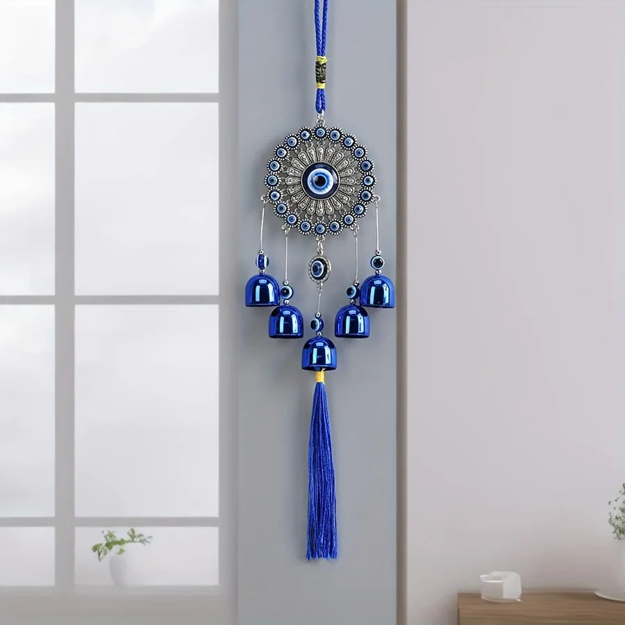 Blue evil eye bell tassel wind chime, product photo