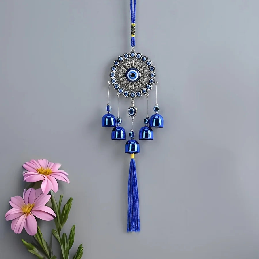 Blue evil eye bell tassel wind chime, product photo