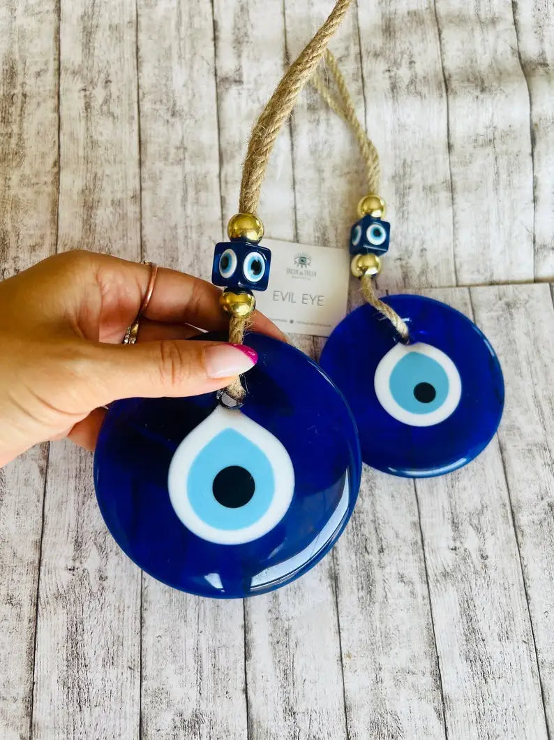 Glass blue evil eye wall hanging, product photo