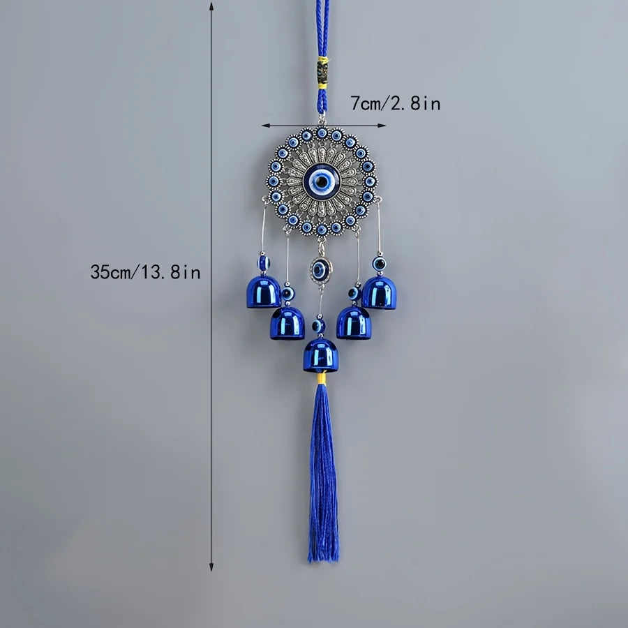 Blue evil eye bell tassel wind chime, product photo