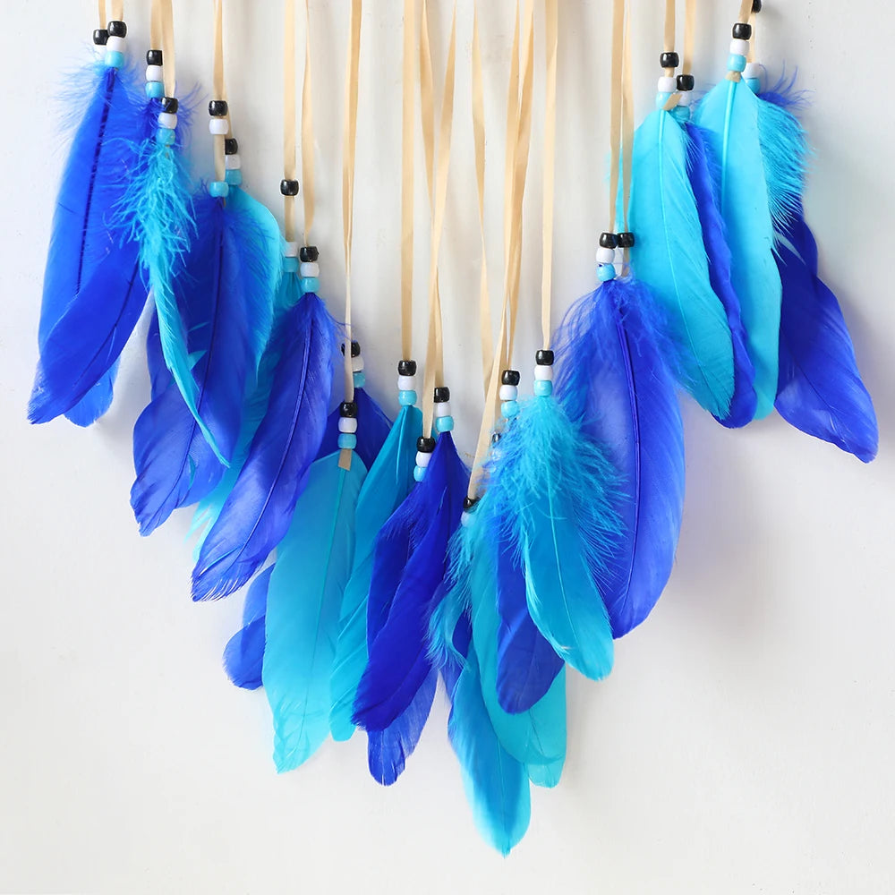 Evil eye dream catcher with blue feathers, product photo