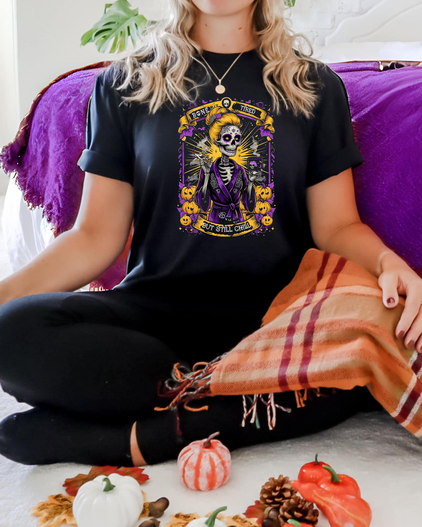 Bone-Tired But Still Chill Skeleton Coffee Shirt • Spooky Season Halloween Tee • Cozy Goth Witchy Pumpkin Vintage Graphic