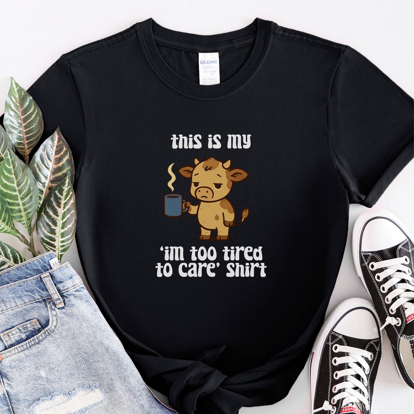 Too Tired to Care Cow T-Shirt – Funny Lazy Mood Graphic Tee for Women