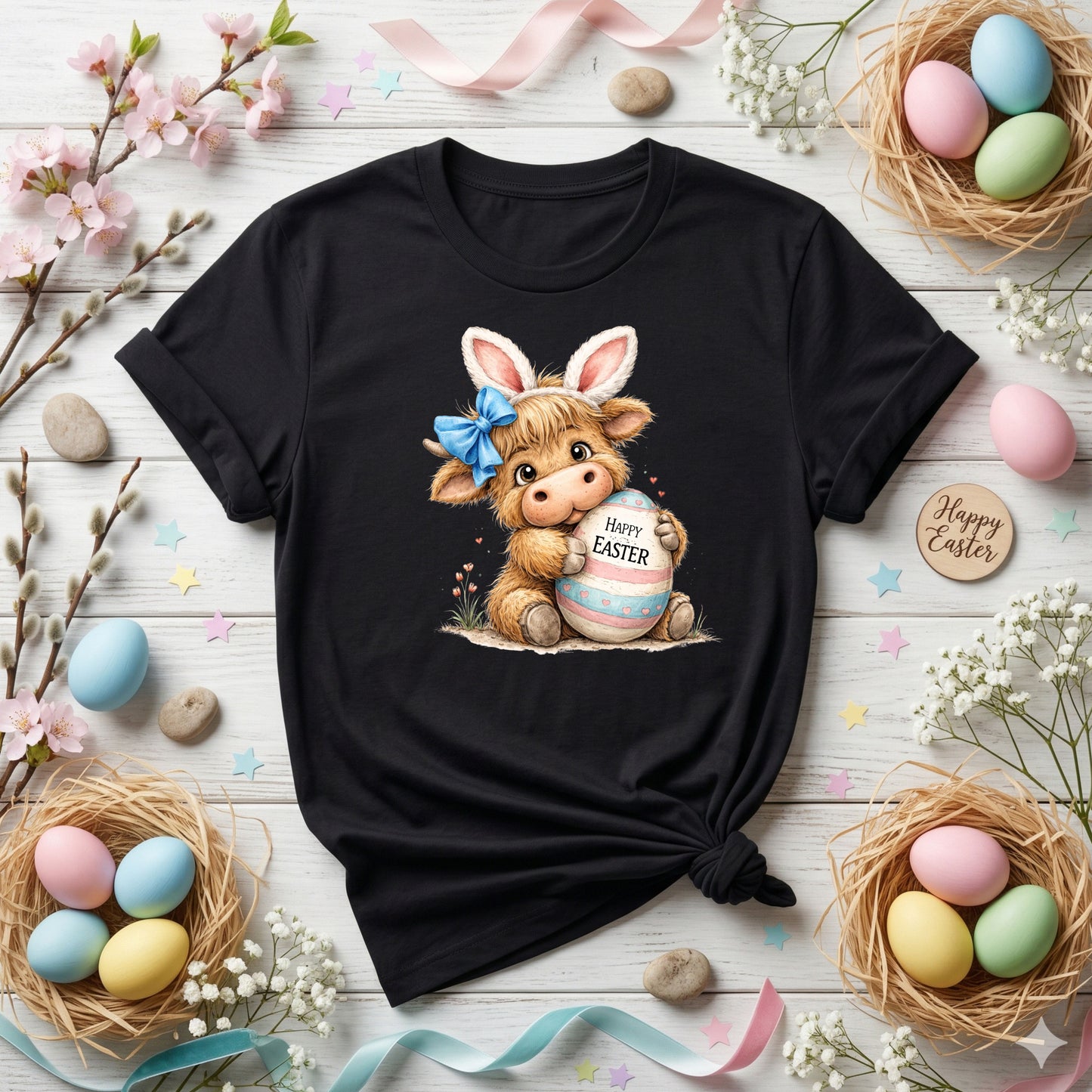 Cute Highland Cow Easter Shirt, Bunny Ears Cow Tee, Kawaii Farm Animal Graphic, Pastel Easter Outfit, Spring Cute Shirt