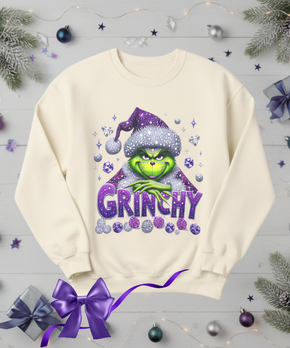 Purple and green holiday crewneck sweatshirt product photo
