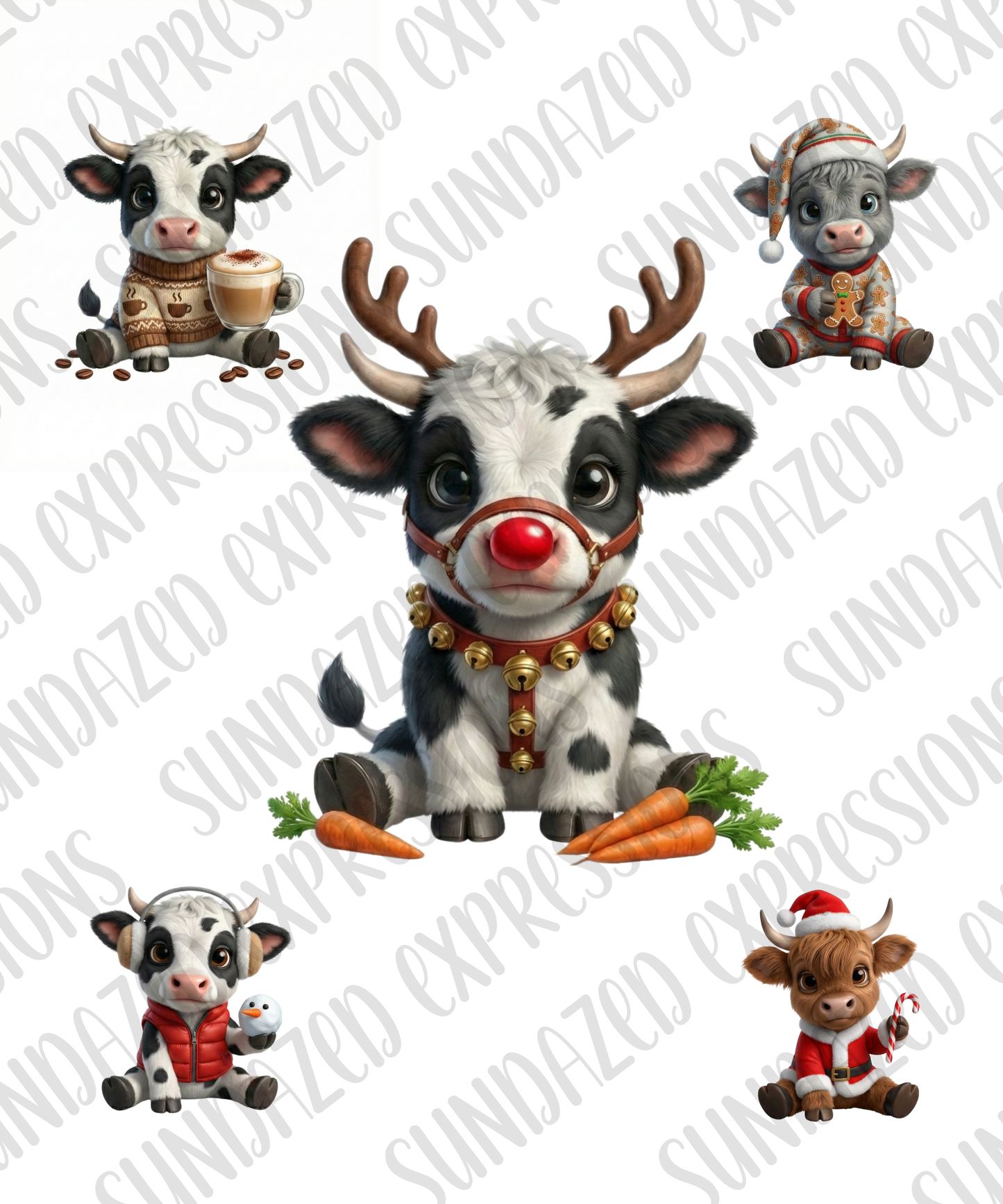 Christmas Cow Clipart Bundle | Cute Holiday Highland Cow PNGs | Festive Farm Animal Sublimation | Winter Cow Art | Transparent PNG Download