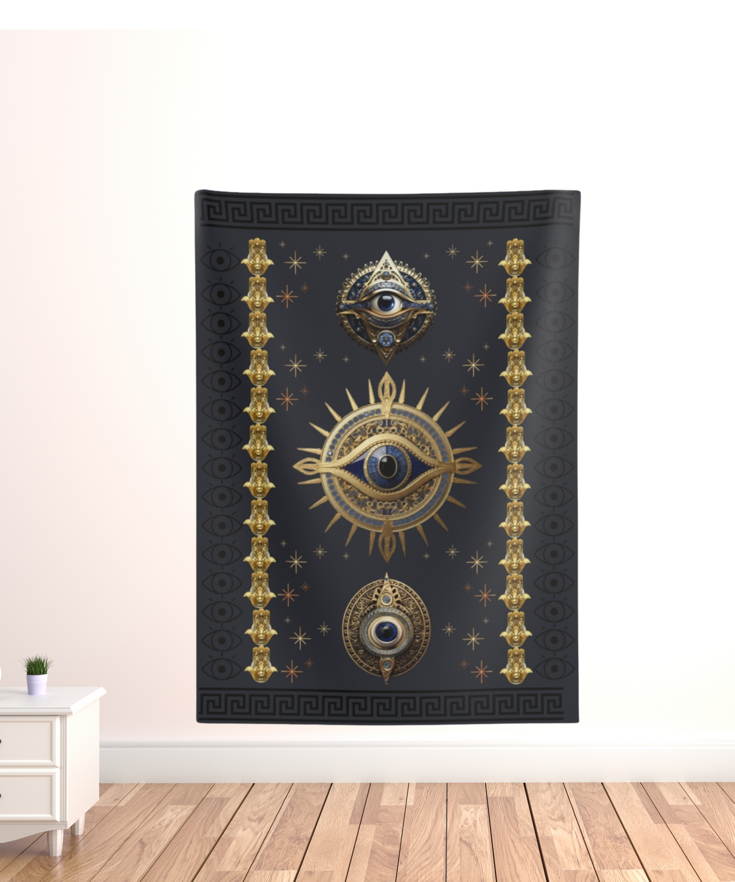 "Greek Eye Tapestry - Handcrafted Evil Eye Wall Hanging - Greek Key Design" Indoor Wall Tapestries