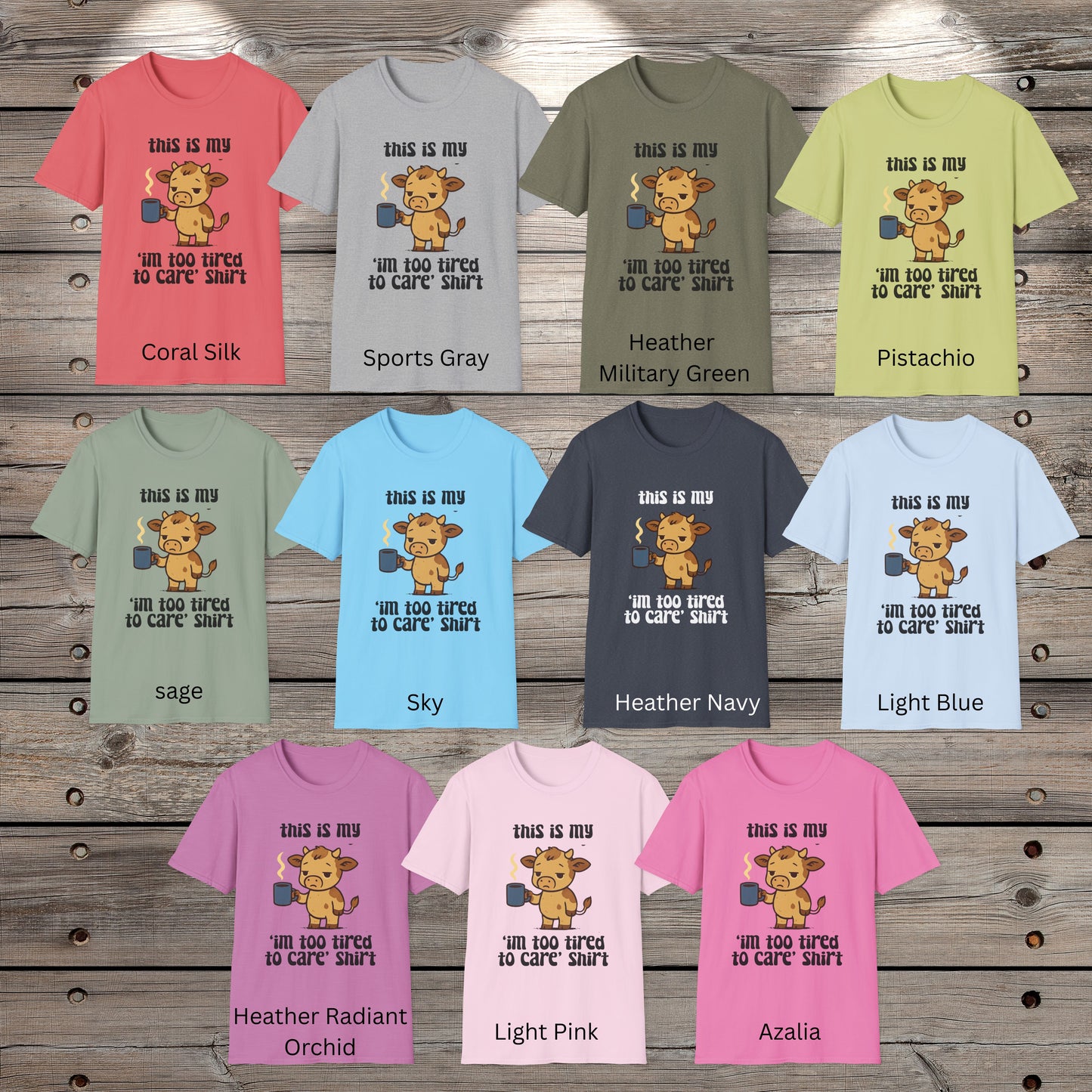 Too Tired to Care Cow T-Shirt – Funny Lazy Mood Graphic Tee for Women