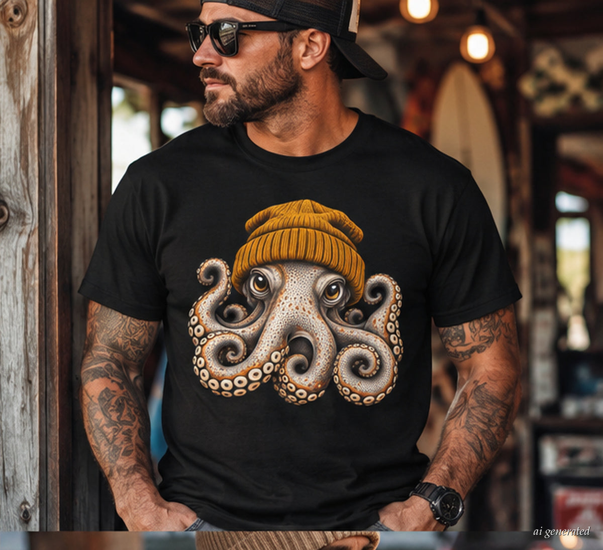 Octopus Beanie Graphic T-Shirt | Funny Coastal Ocean Tee