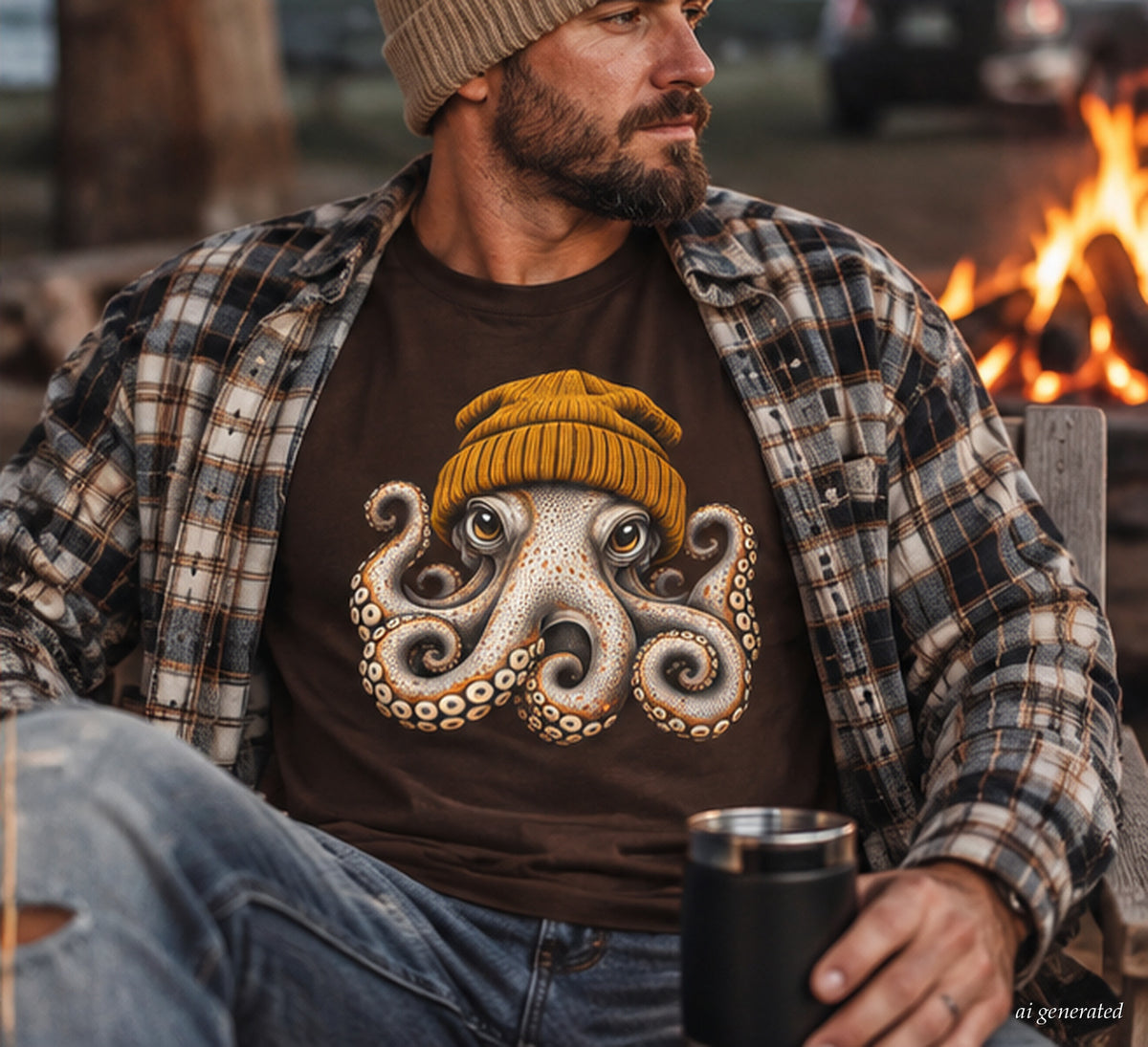 Octopus Beanie Graphic T-Shirt | Funny Coastal Ocean Tee