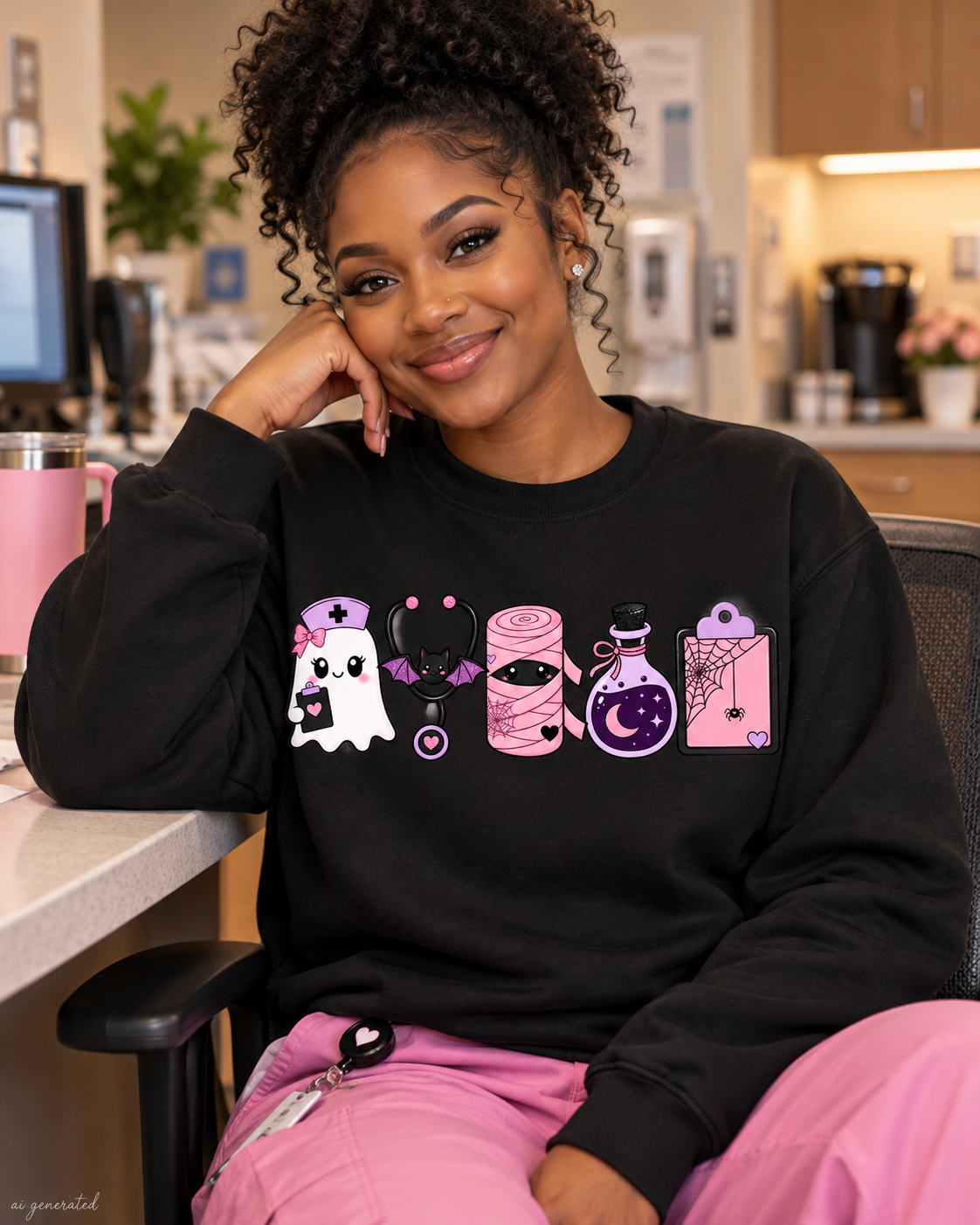 Black nurse Halloween crewneck sweatshirt on model