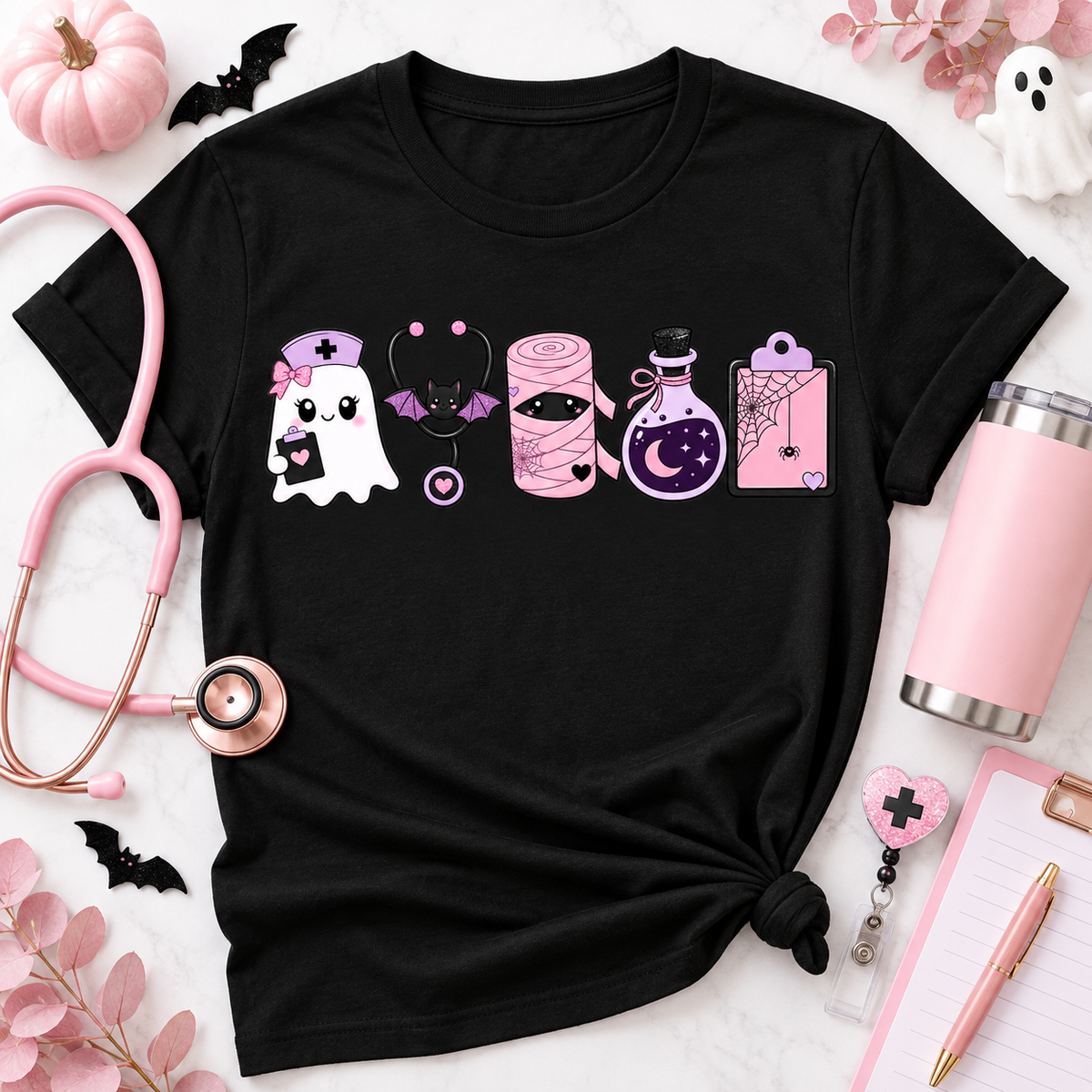 Black nurse Halloween T-shirt styled flat lay