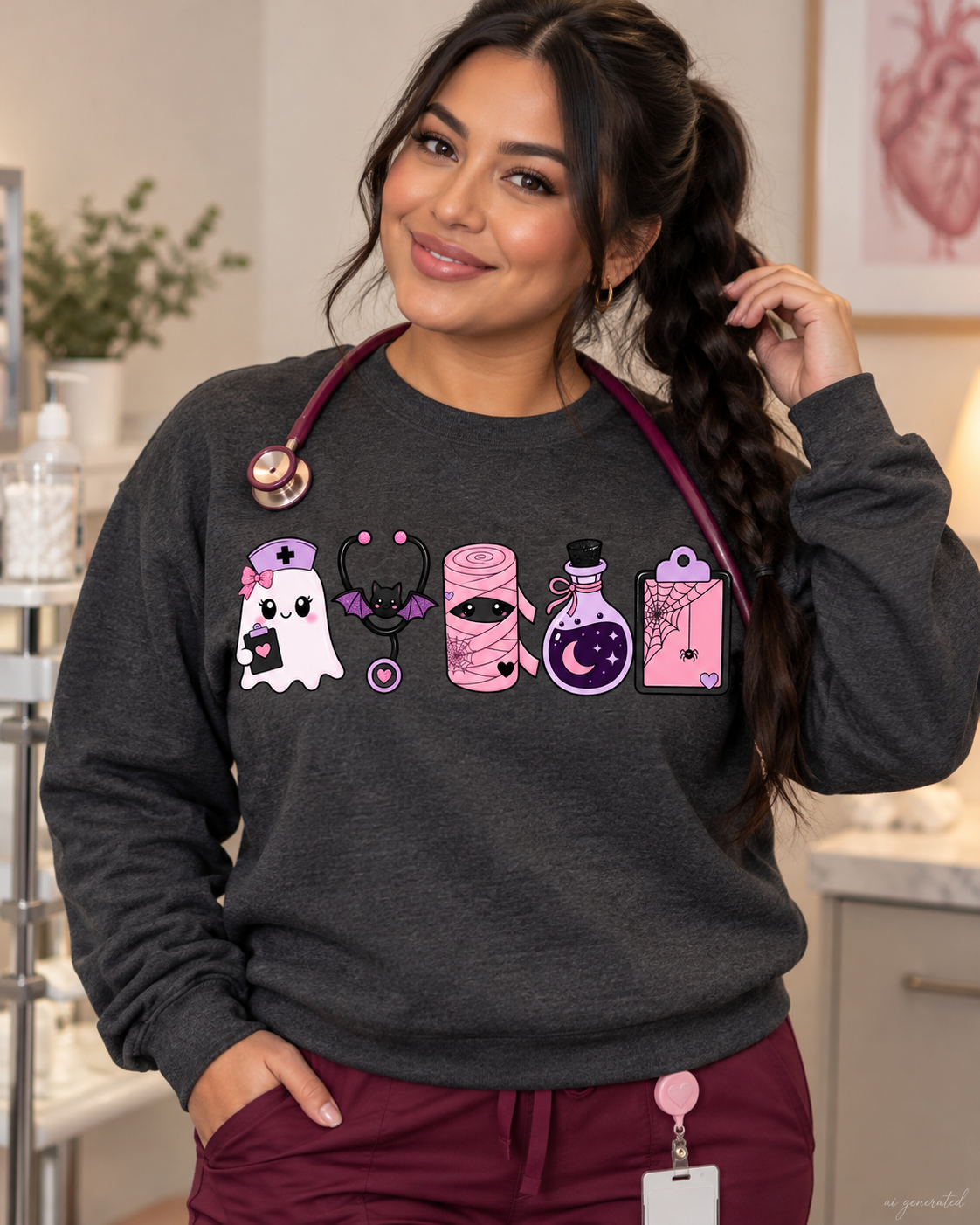 Dark Heather nurse Halloween crewneck sweatshirt on model