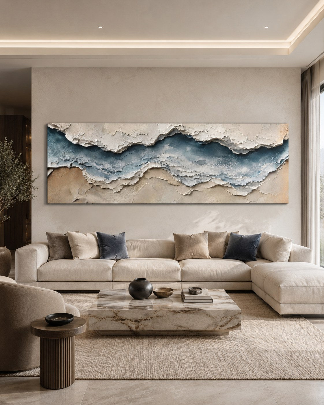Ocean wave canvas in a modern living room, AI-generated mockup